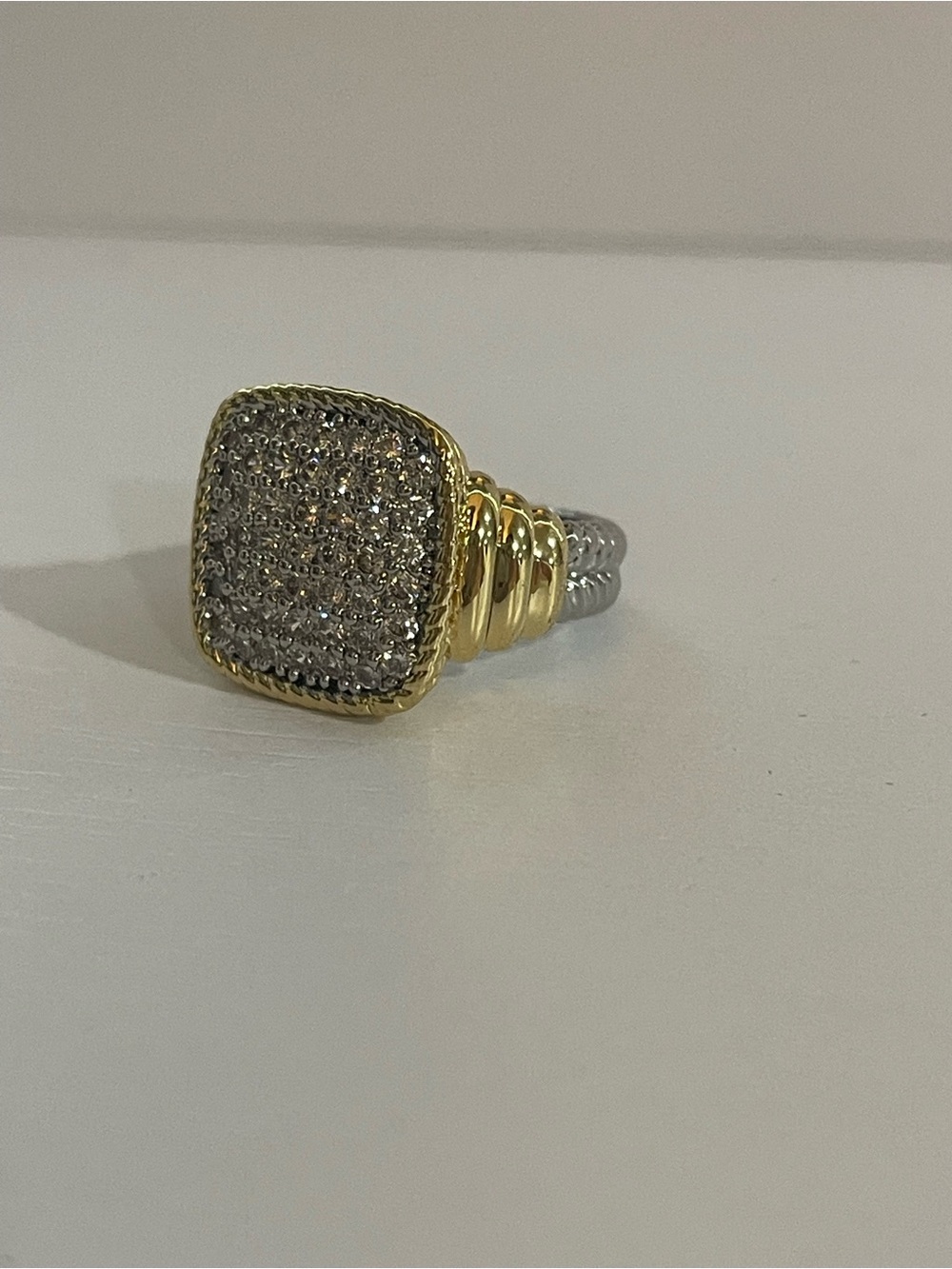 Two-Tone Pavé Square Cocktail Ring – Gold and Silver size 7
